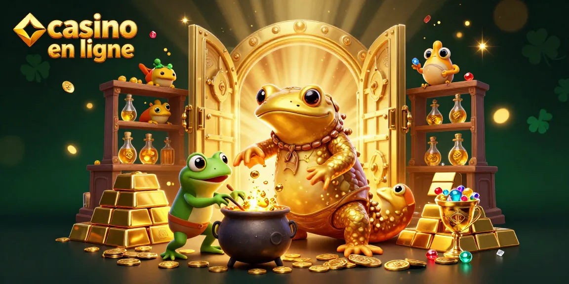 Jouez au casino en ligne avec des personnages animés dans un laboratoire magique, entouré de trésors dorés.