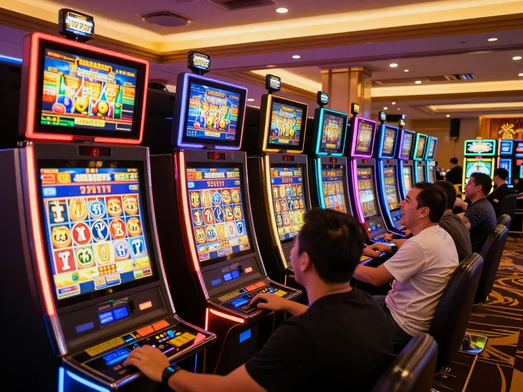 Experience slot 777 excitement with players winning on vibrant casino machines.