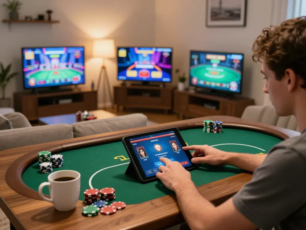 Engaging home gaming scene at nhà cái 388bet with a player enjoying online poker on a tablet.