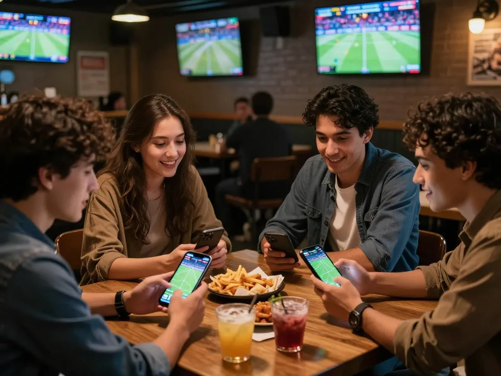 Kèo nhà cái 55 in action as friends analyze their bets at a lively sports bar, enjoying the game.