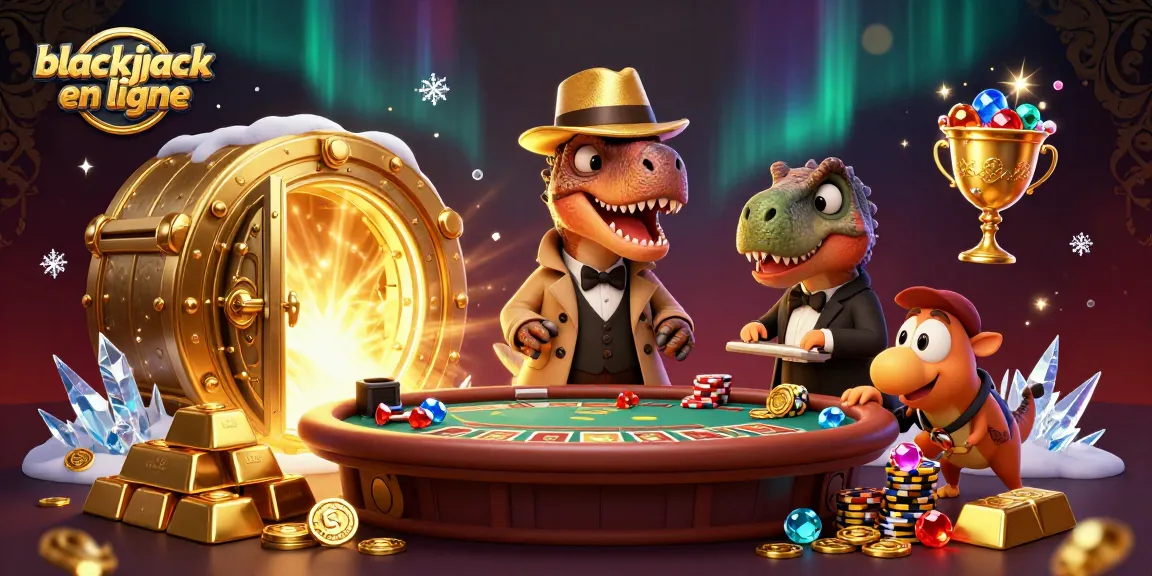 Jouez au blackjack en ligne avec un vélociraptor déguisé à une table, entouré de trésors