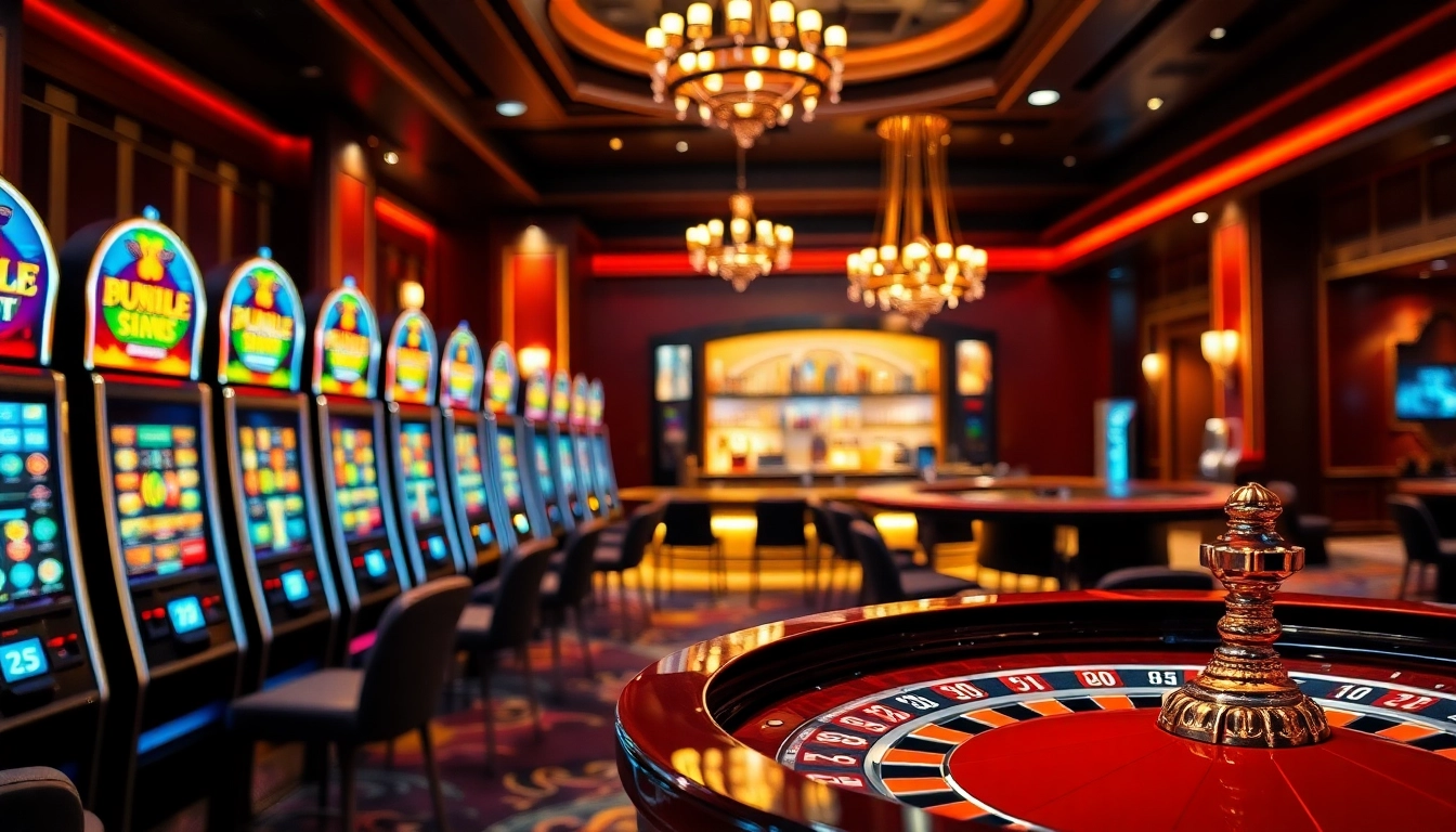Spielen Sie casino spielen online in einem eleganten Casino-Umfeld mit stilvollen Spielautomaten und Roulettetisch.