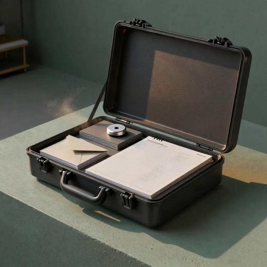 Matte-charcoal launch kit case with planning boards, timer puck and sleeves on a sage slab.