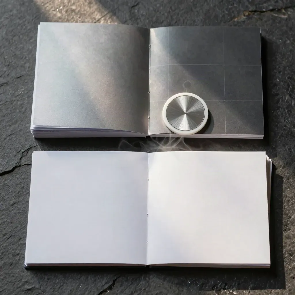 Overhead flatlay of blank cards, folded panel, and circular timer token on wet dark stone