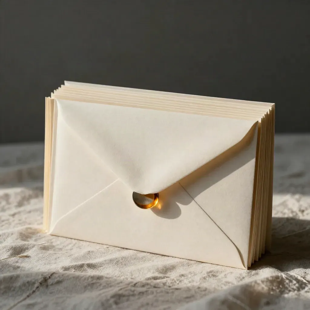 Linen-draped email campaign kit with sleeves, folded inserts and a metal clip in moody side light.