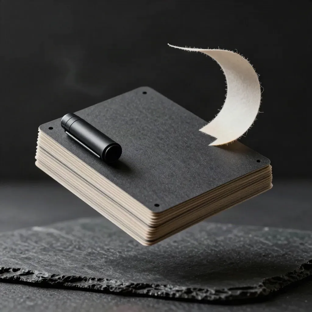 Floating charcoal strategy board with paper band and corner cards above a slate field.