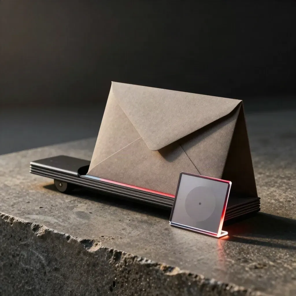 Charcoal launch stack with sleeves, timer card and acrylic stand sliding across stone in haze.