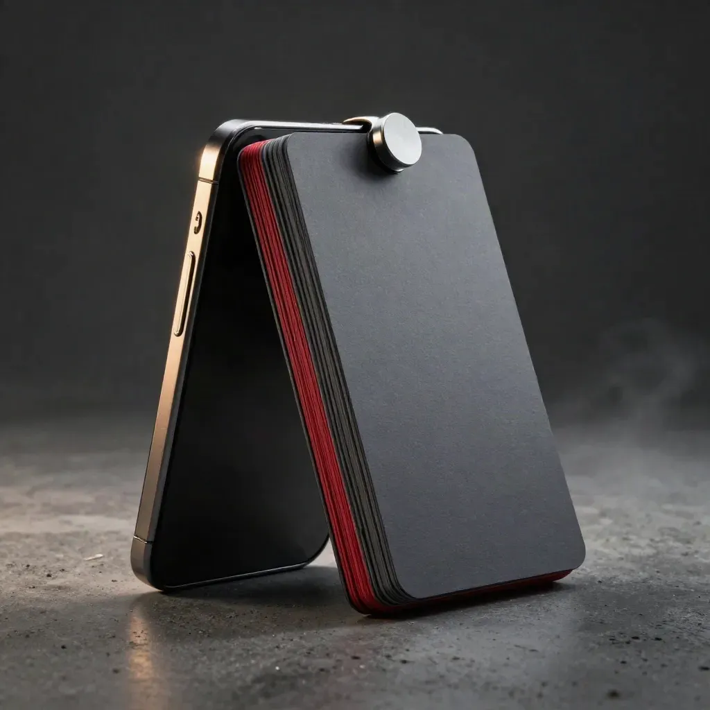 Dark phone slab with reminder cards and a tiny metal stopper on graphite concrete, lit by cool rim light.