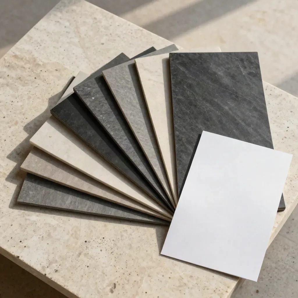 Overhead flat lay of slate ad tiles, color chips, and a folded proof sheet on travertine stone.