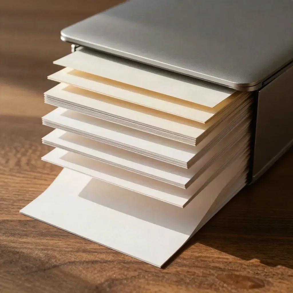Macro of layered blank funnel kit cards beside a closed laptop lid on a warm walnut table.