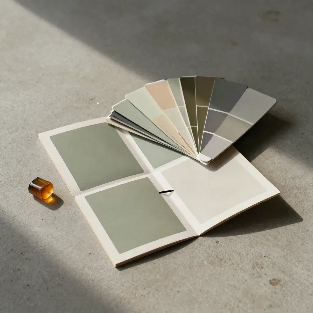 Top-down offer strategy kit on warm concrete with swatches and blank tags.