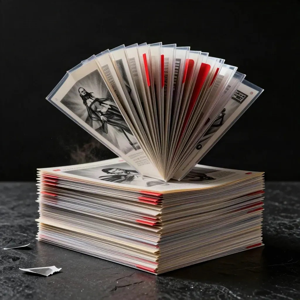 Low-angle stack of campaign cards and red tabbed sleeves bursting in dramatic studio light
