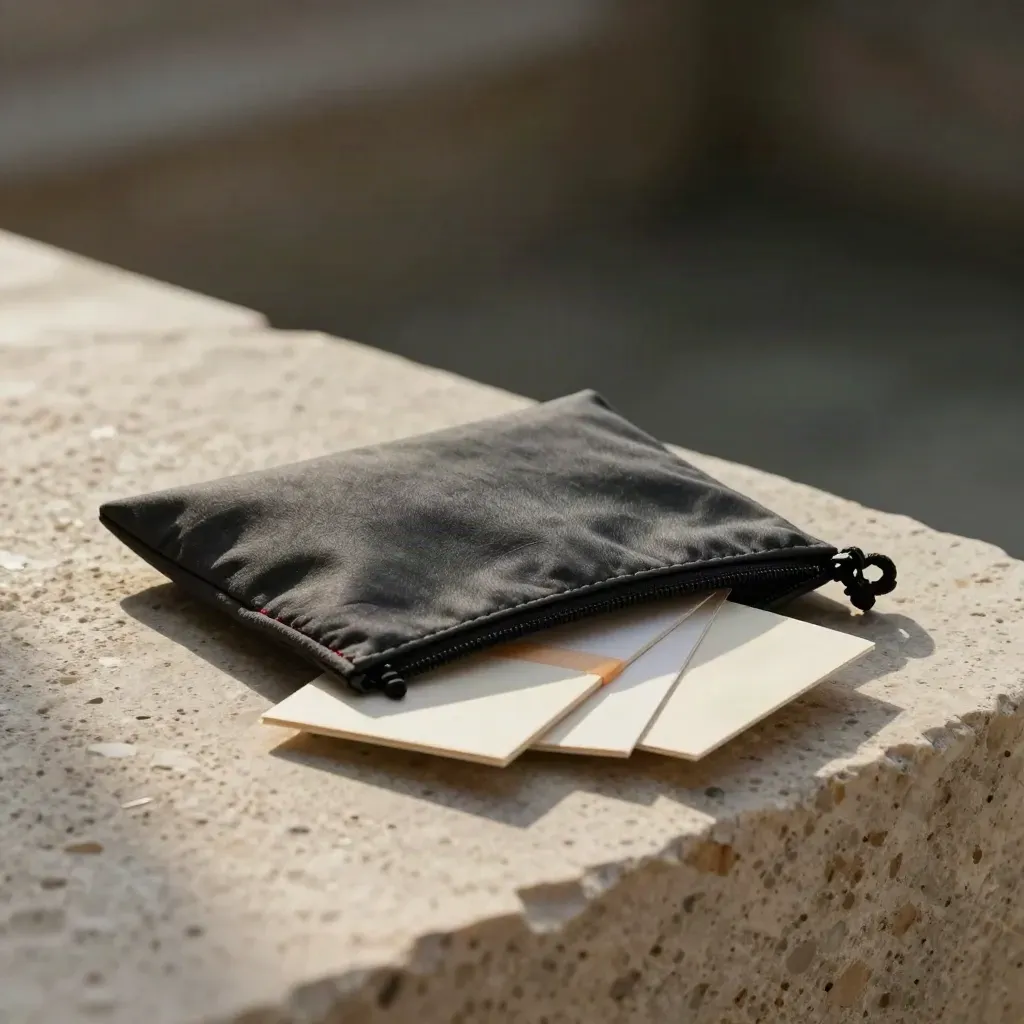Charcoal launch pouch with booklet and cards on travertine, softly lit and half-open.
