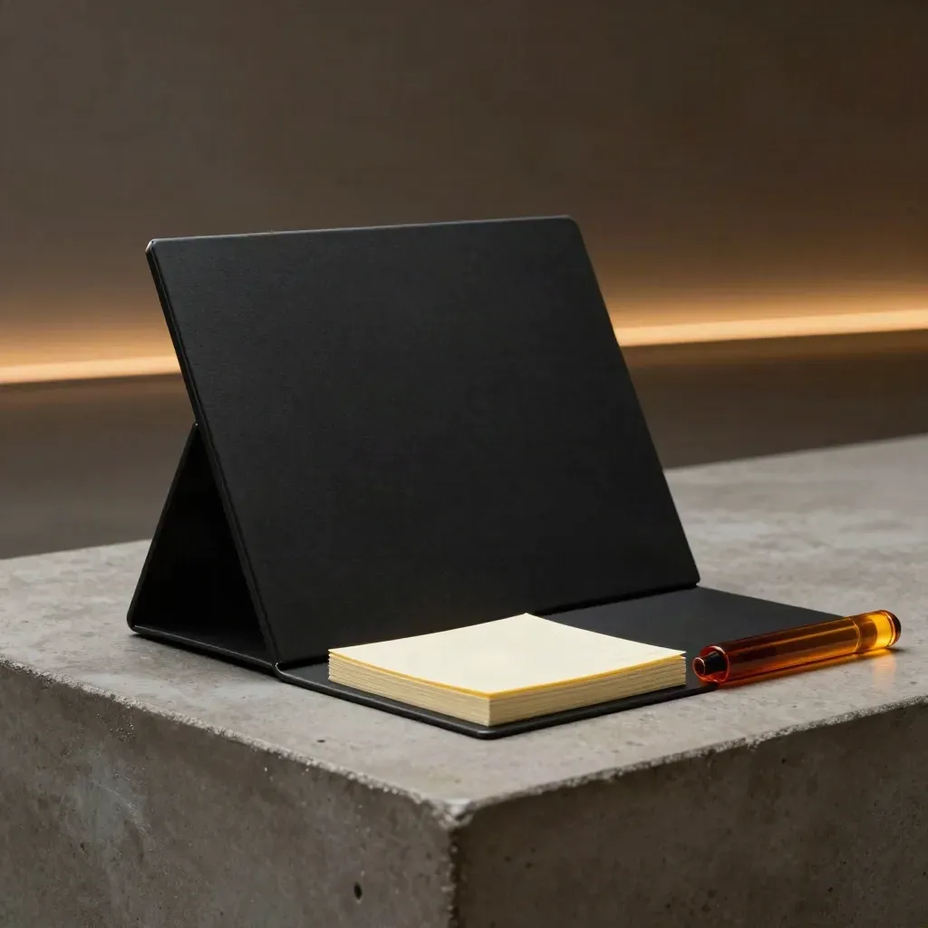 Dark webinar campaign kit with folder, display slab, and reminder slips on a concrete plinth.