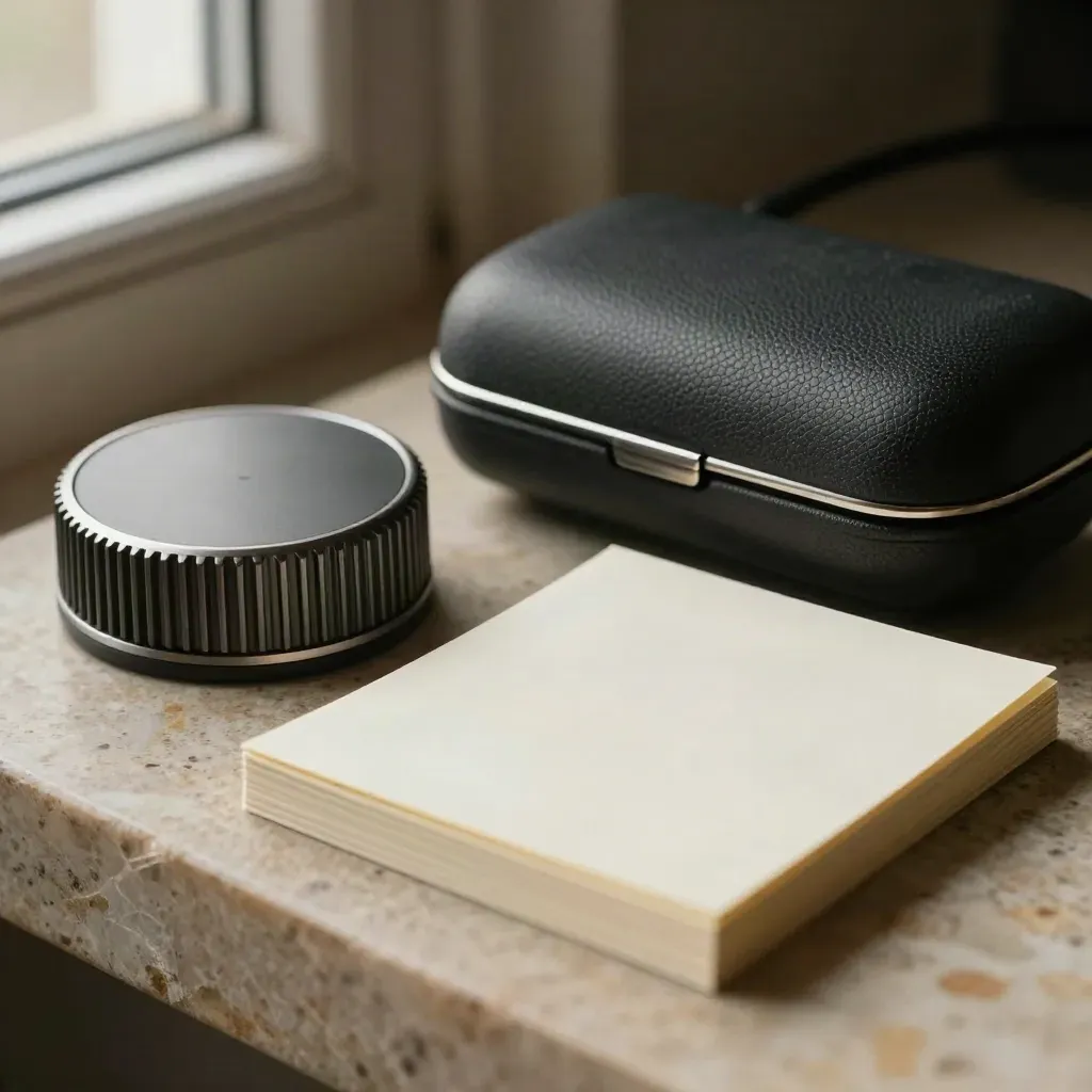 Macro product kit with timer puck, note cards, and headset case on limestone.