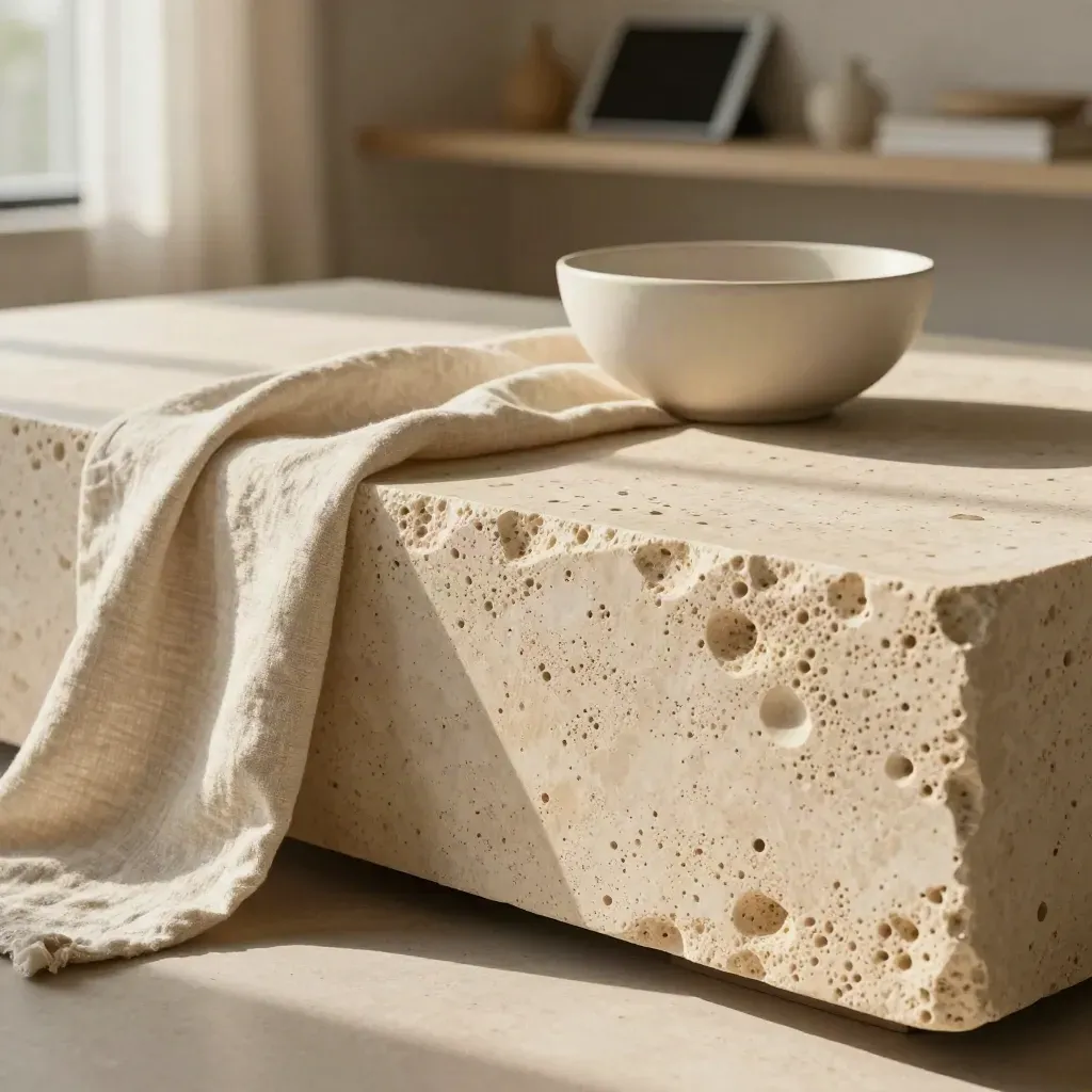 Travertine island with linen runner and ceramic bowl in soft morning light.