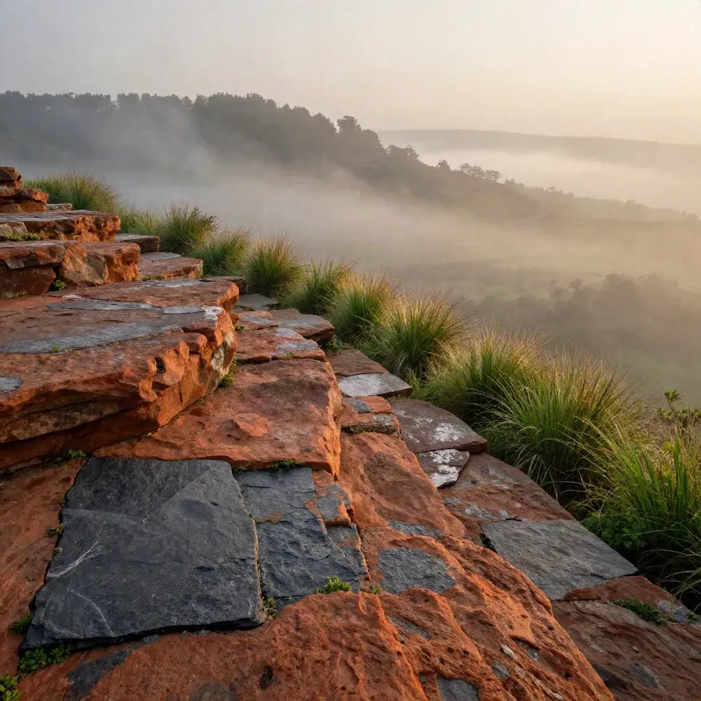 Misty hillside stone terrace with wind-bent grass and fog under dawn light.