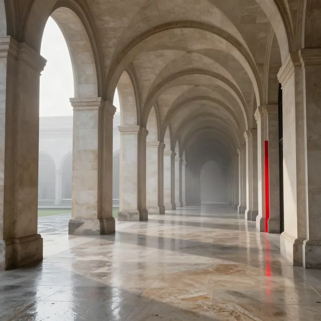 Rain-washed stone arcade with reflective walkway, mist, and a small red accent