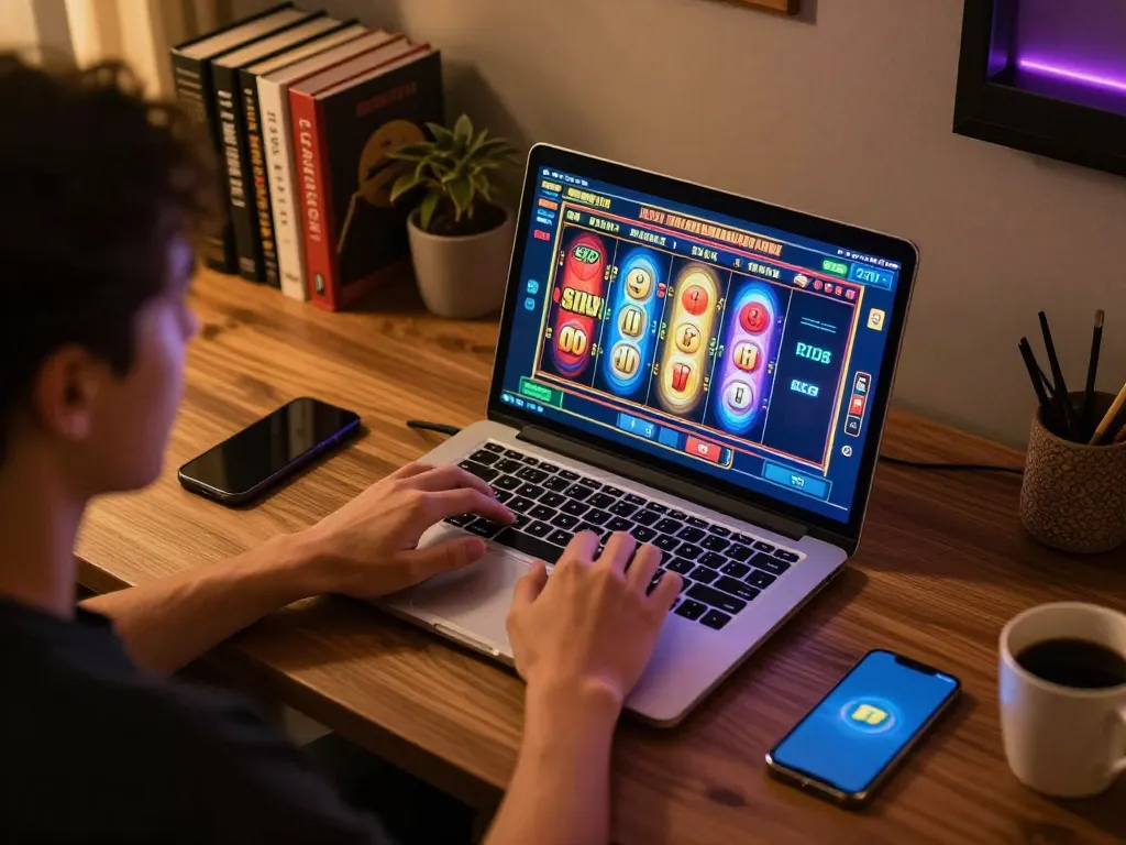 Engaging in situs slot bet 200 gameplay on a laptop at home, with colorful reels and cozy atmosphere