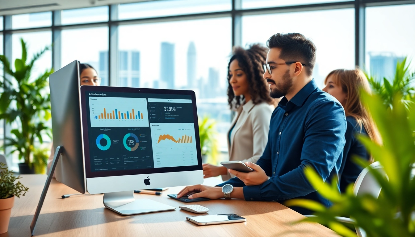 Showcase of assistant for enterprise in a modern office, illustrating teamwork with digital tools.