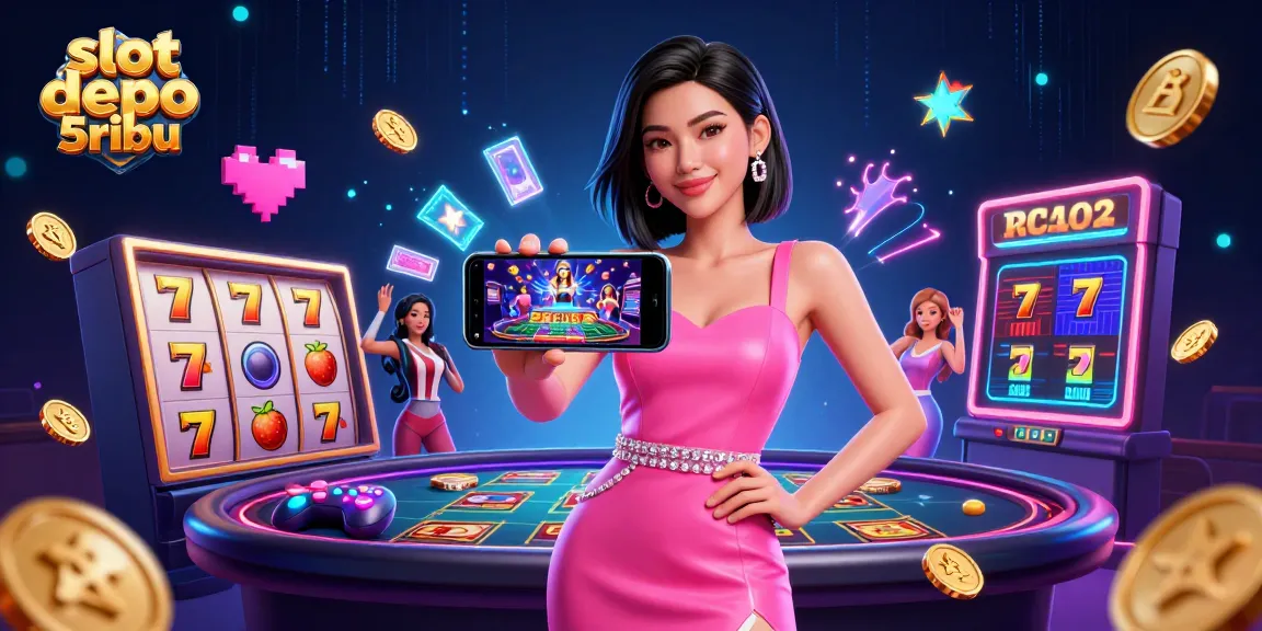 Play exciting games at slot depo 5ribu with vibrant 3D casino illustration showcasing slot reels and games.