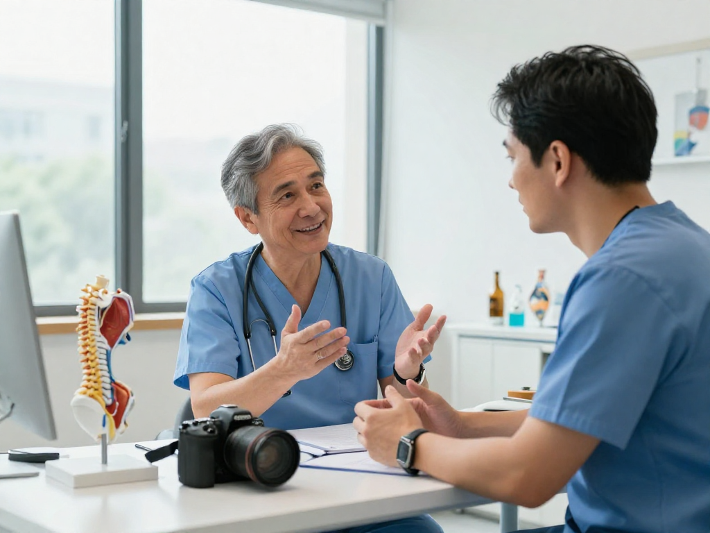 Bel fıtığı ameliyatı discussion in a modern medical office with an experienced surgeon and patient.