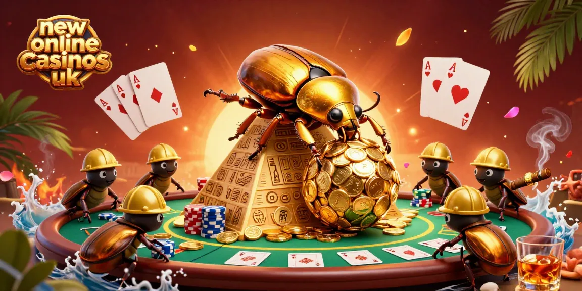 Experience new online casinos uk with a playful scene of golden beetles rolling coins amidst poker elements.