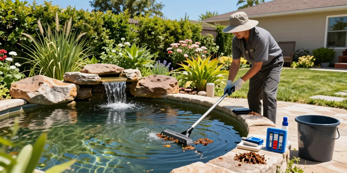 Pond cleaning service in Surrey with professional removing debris from a beautiful garden pond, showcasing vibrant greenery and tools.