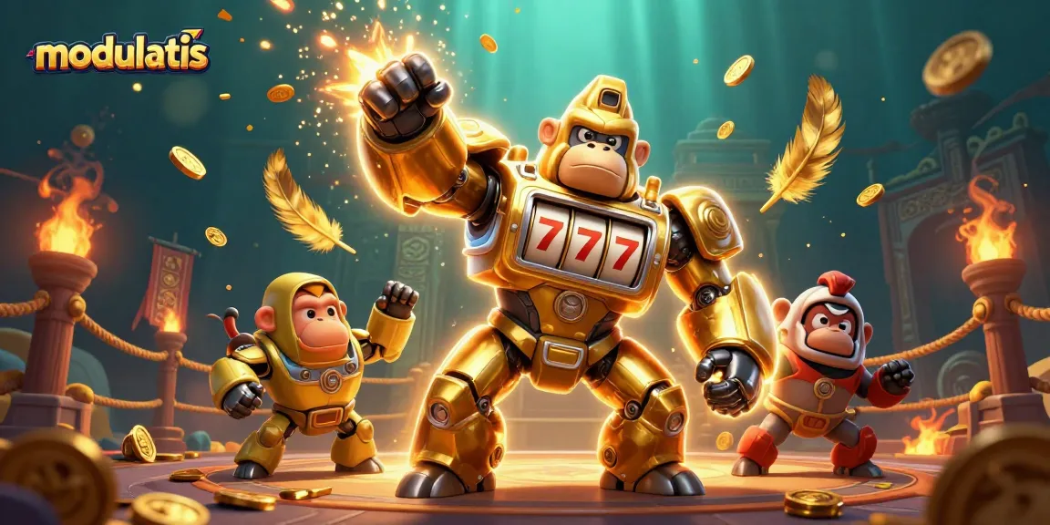 Menggenggam kemenangan di modulatis dengan gorila emas bertransformasi dari bagian mesin slot dan simbol lucky 7.