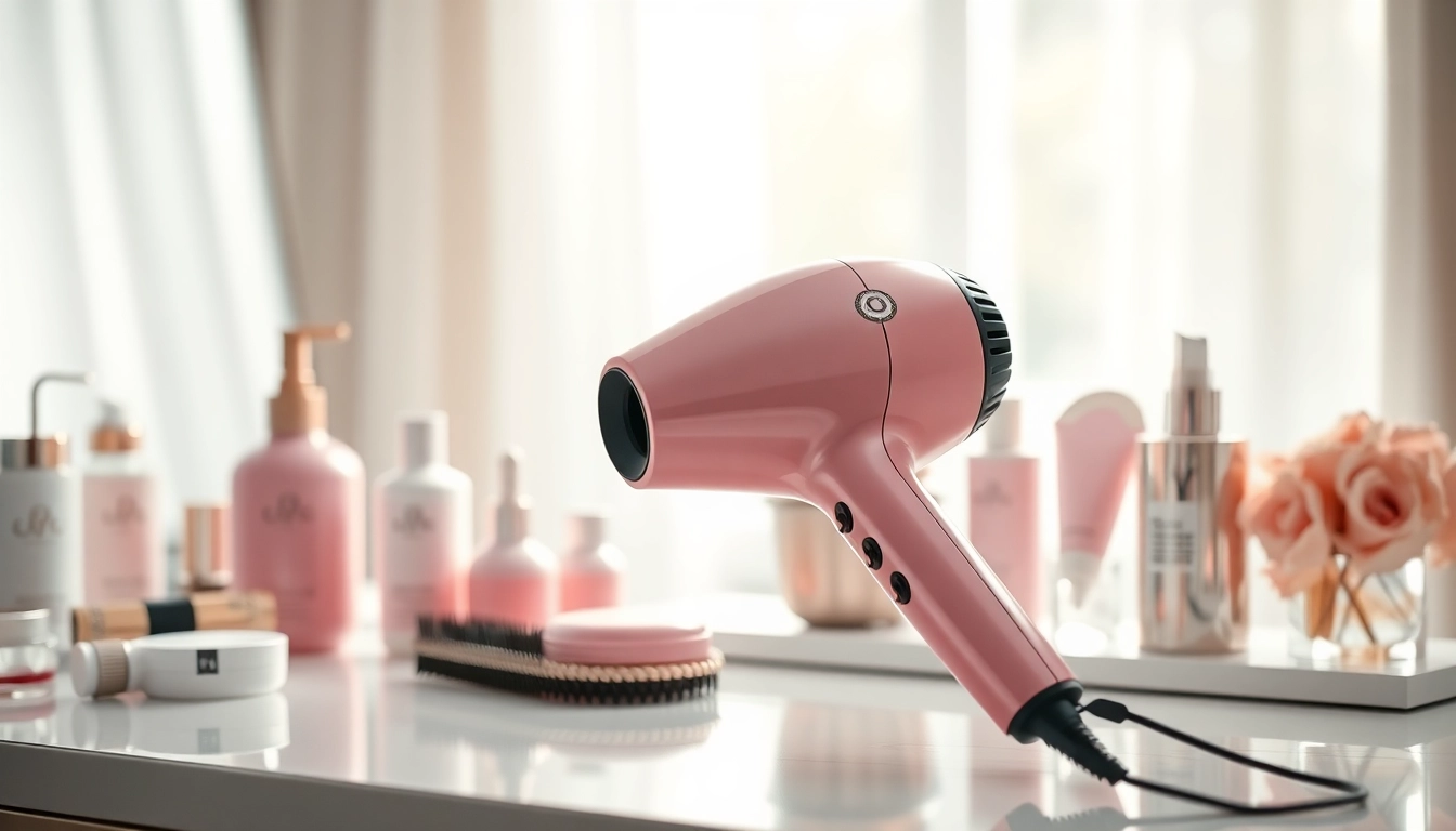 Beautiful hair dryer for frizzy hair on a vanity with luxury beauty products.