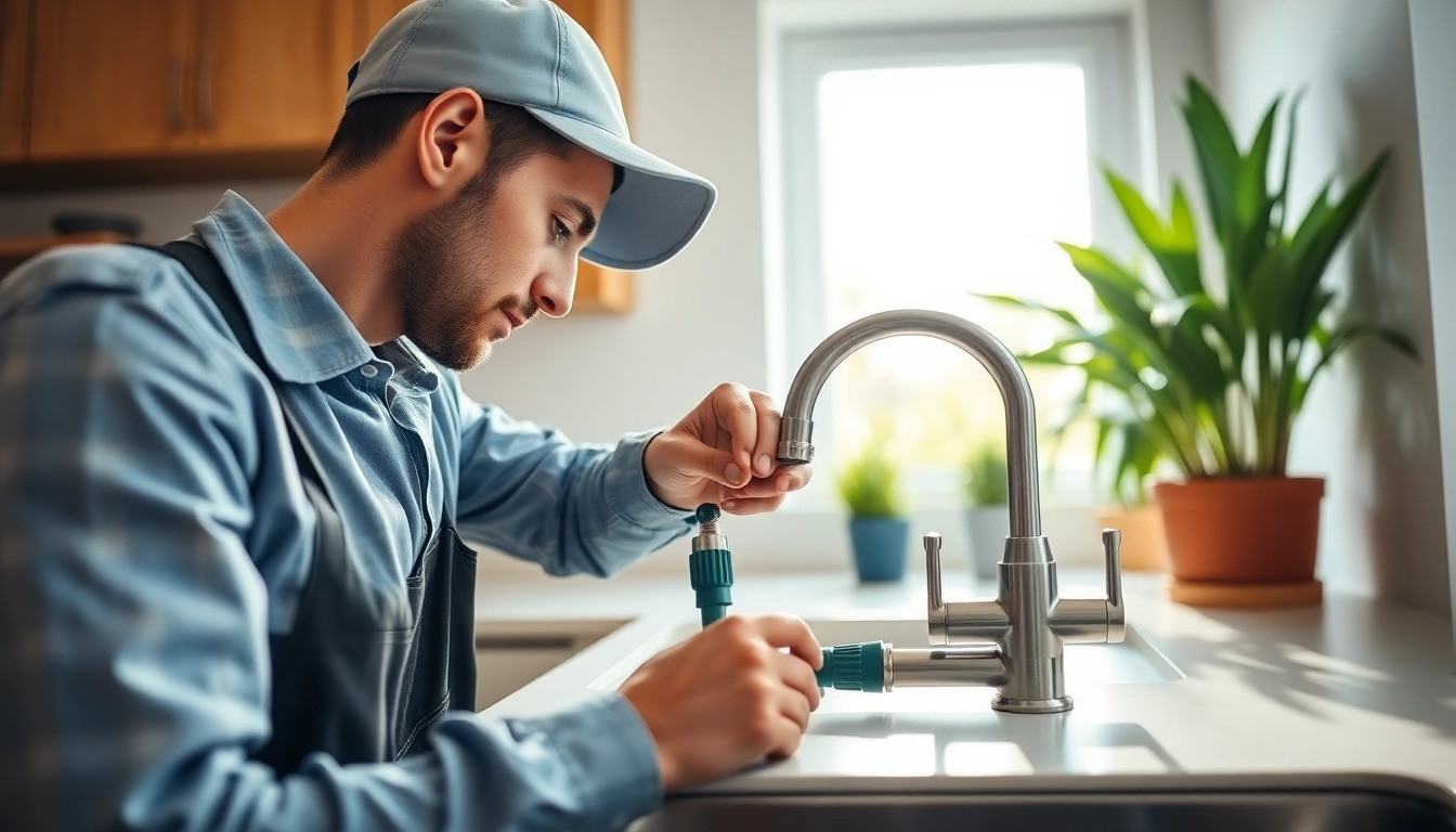 Skilled plumber near me fixing a leaking faucet in a bright kitchen.