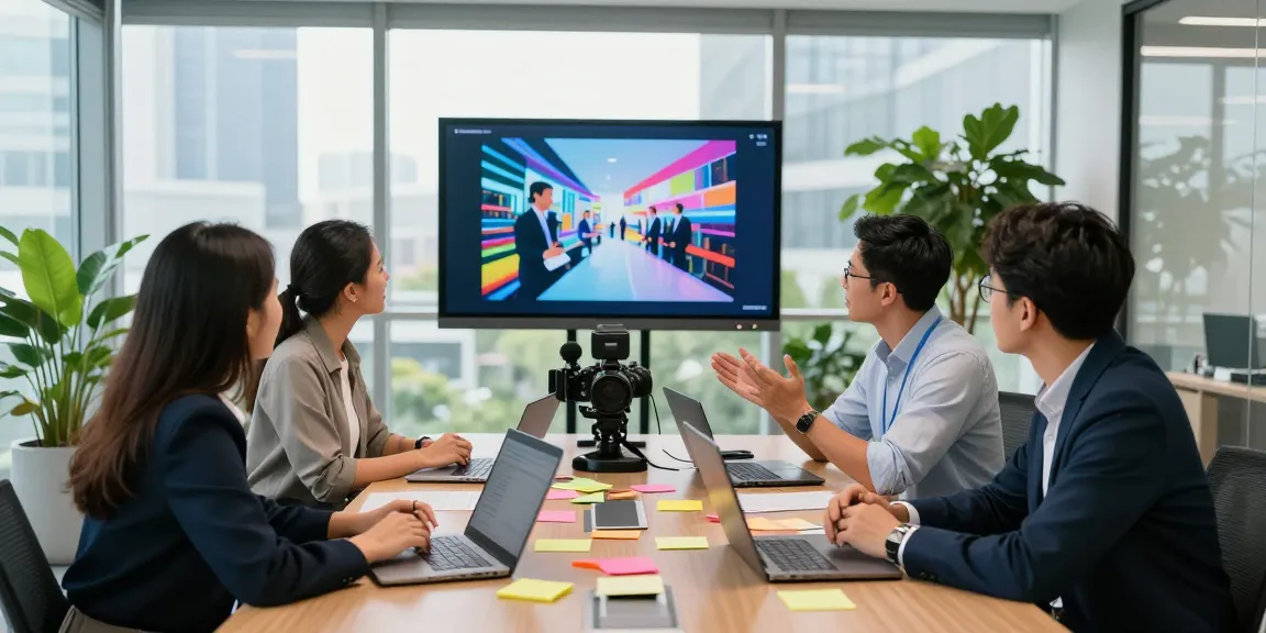 Team collaborating on Singapore Corporate Video Production project in a modern office setting.