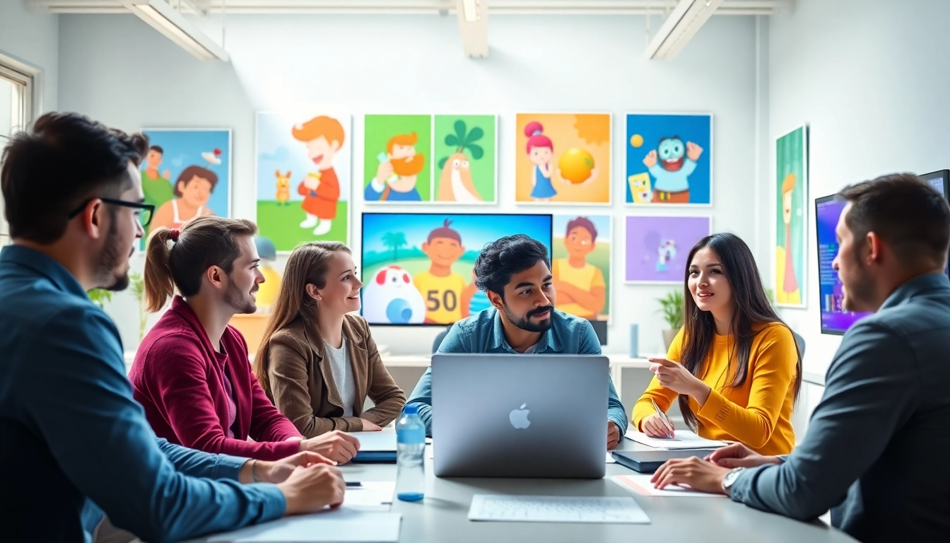 Animation Erstellen in einem modernen Studio mit kreativen Fachleuten, die zusammenarbeiten.