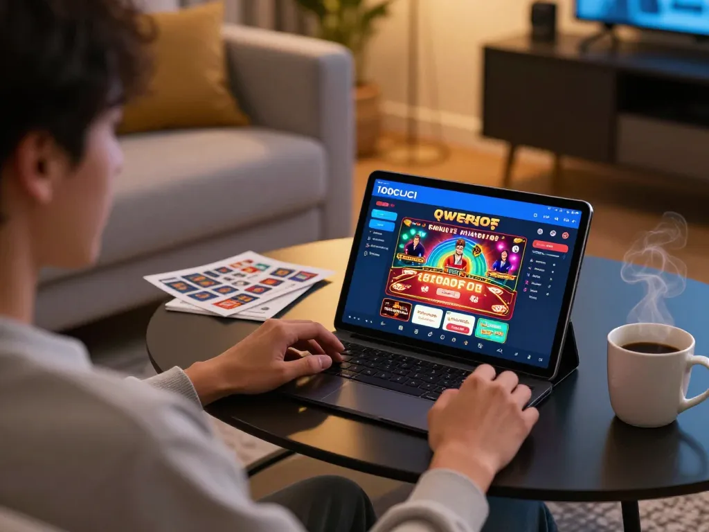 Engaging with the 100cuci app login on a tablet in a cozy home setting while strategizing.