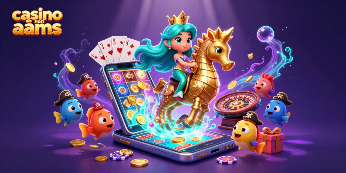 Gioca nei casino non AAMS con divertenti slot e giochi da tavolo, circondato da elementi marini.
