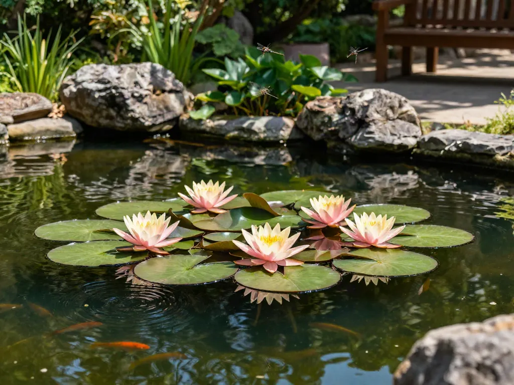 Vibrant water lilies floating peacefully on a serene pond surrounded by lush greenery, showcasing the beauty of aquatic gardens.