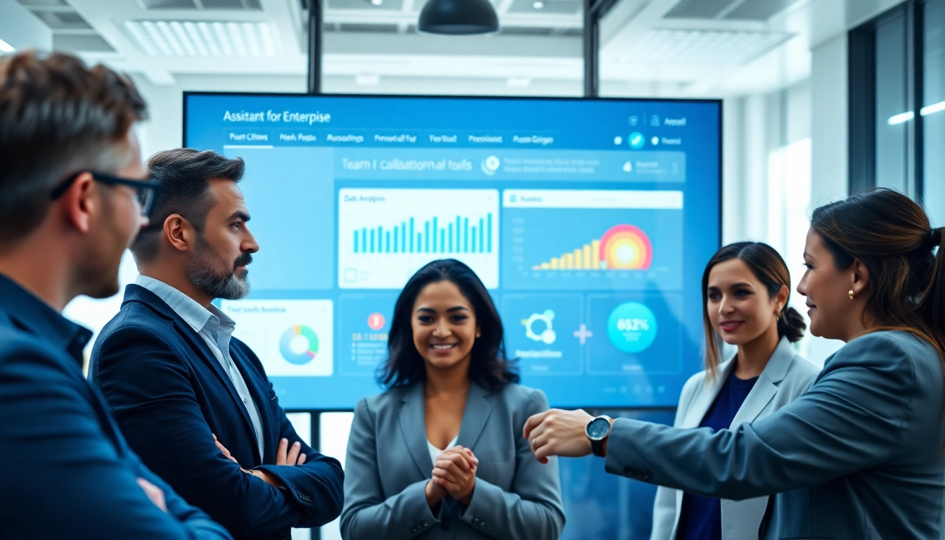 Engaging interface featuring assistant for enterprise software tools with professionals collaborating