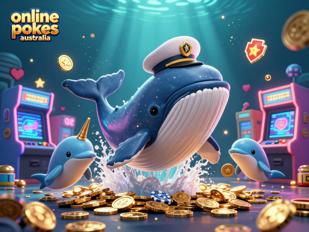 Engage with online pokies Australia featuring a colorful casino scene with a whale and playful dolphins.