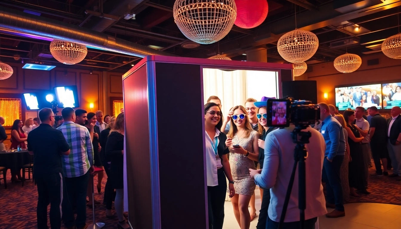 Guests enjoying a photo booth chicago experience with vibrant props and colorful backdrop.