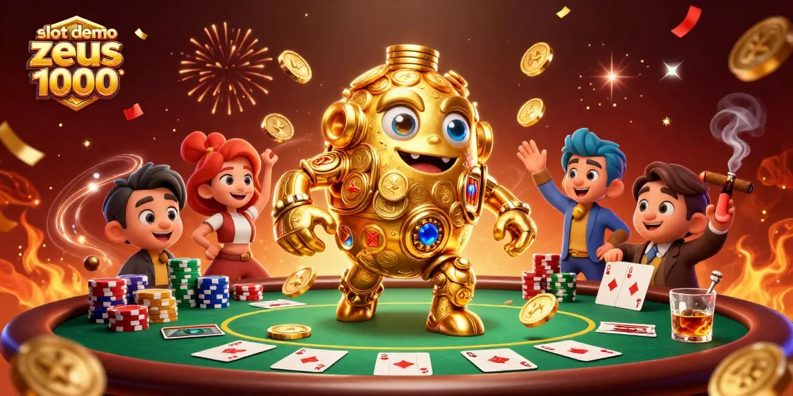 Engage with the exciting slot demo zeus 1000 featuring a dynamic golden golem amidst vibrant casino elements.