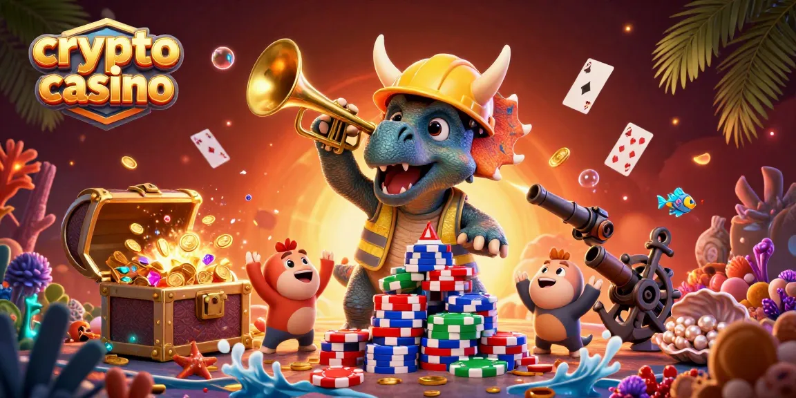 Scopri il crypto casino con la simpatica rappresentazione di un triceratops che costruisce un muro di fiches mentre festeggiano altri dinosauri.