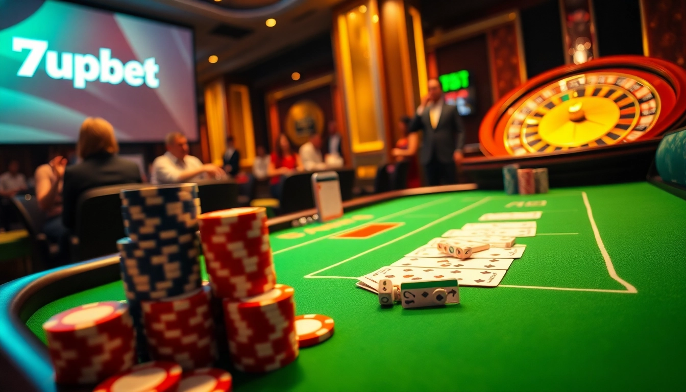 Engaging gamblers at a luxurious gaming table featuring 7upbet branding and vibrant casino elements.