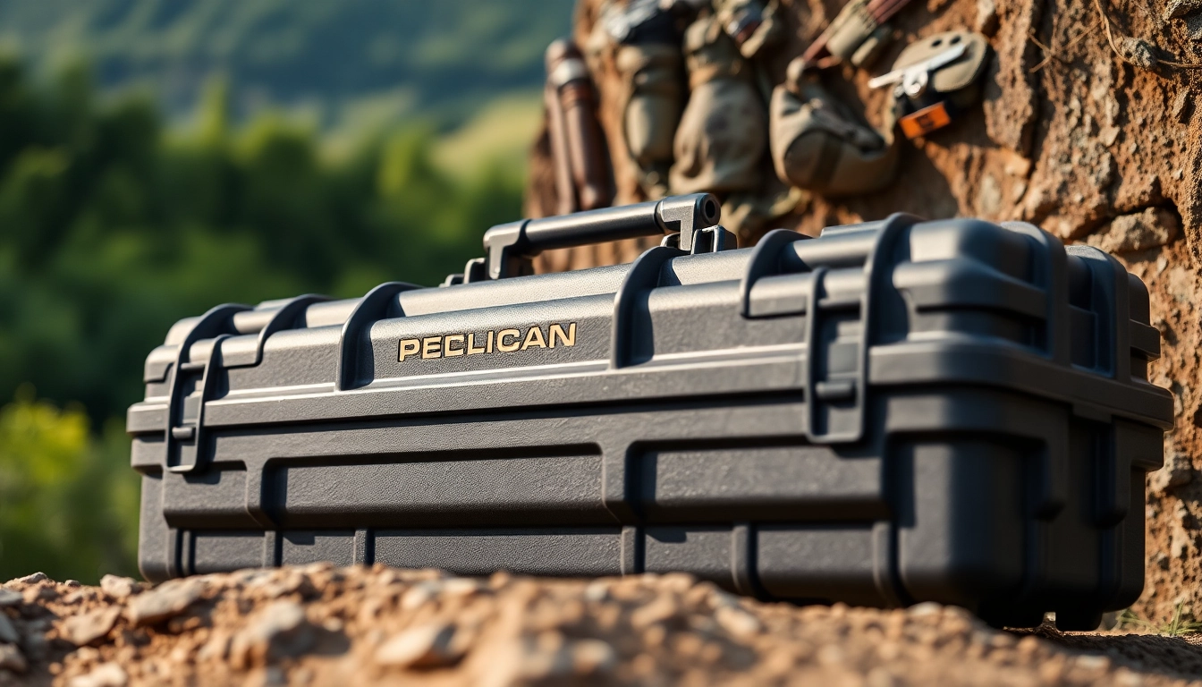 Showcasing a pelican rifle case highlighting its durable design and features in an outdoor setting.