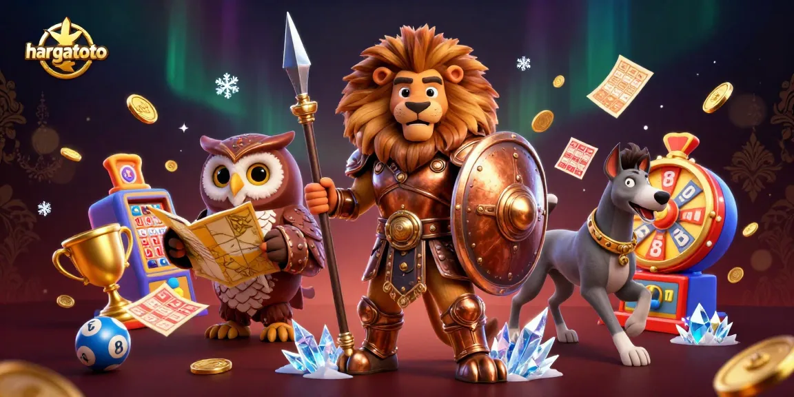 Play exciting games on hargatoto with vibrant lottery elements, a Spartan lion, owl strategist, and golden prizes!