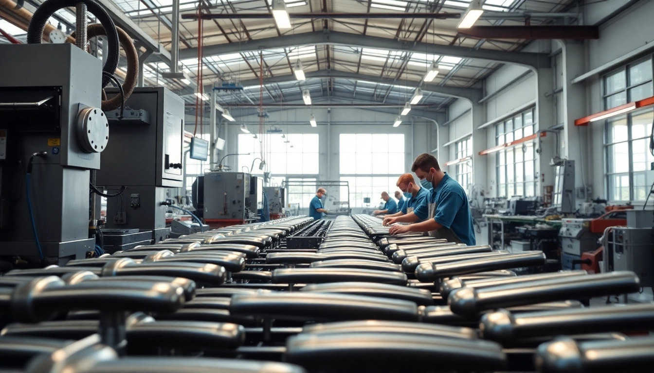 Engaging scene of a Handle Manufacturer facility with skilled workers and advanced machinery.