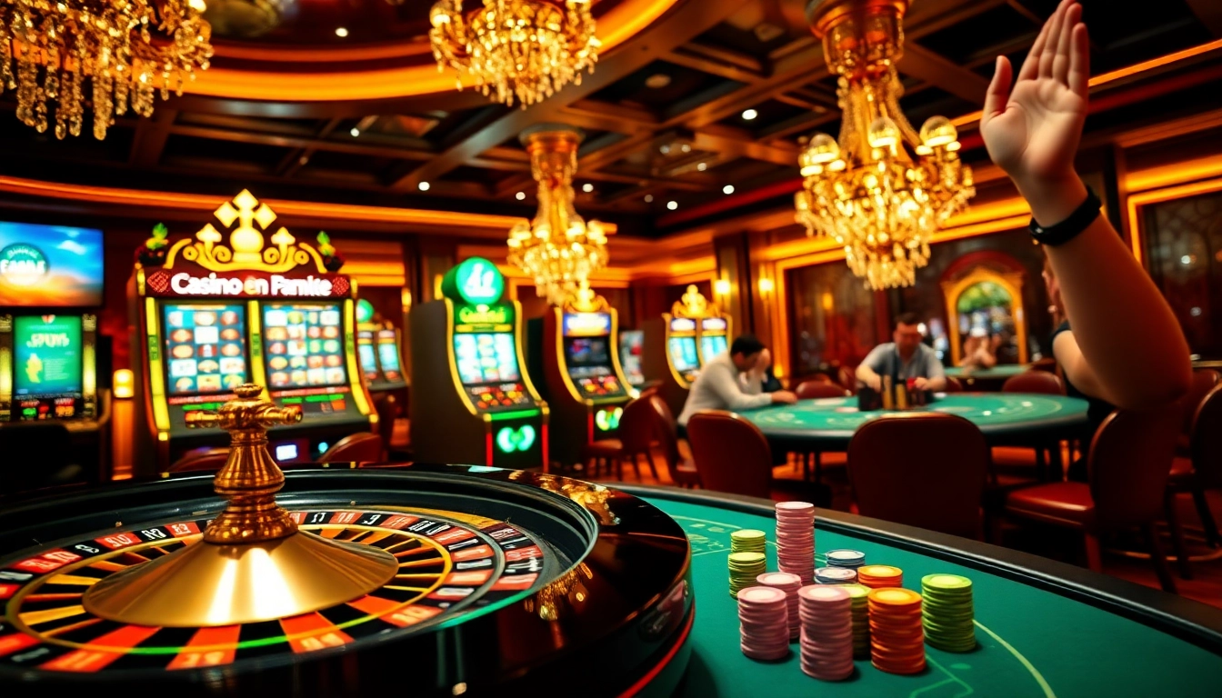 Moment gagnant dans un casino en ligne France avec des machines à sous vibrantes et de la roulette.