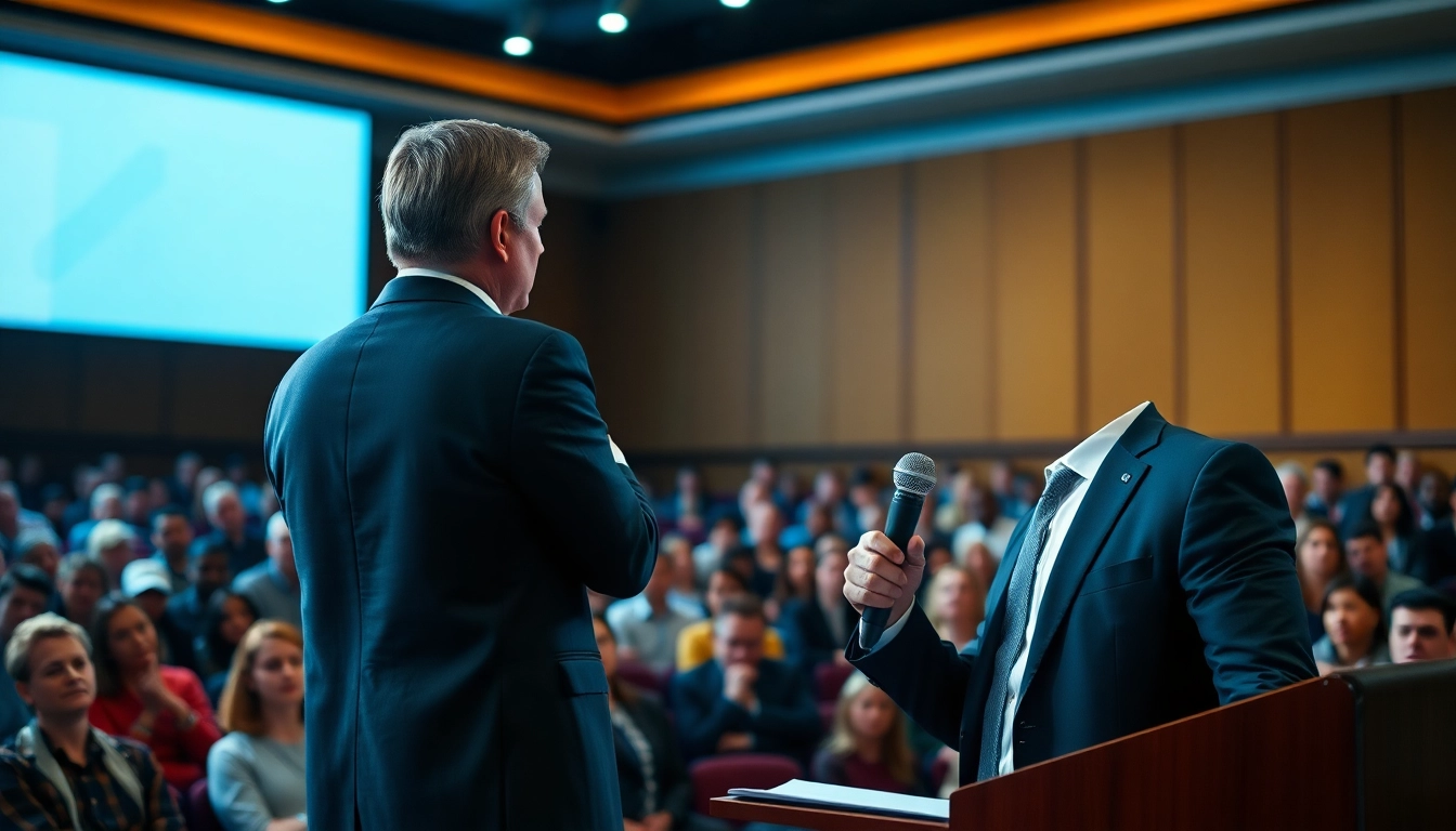 Engaging scene overcoming fear of public speaking with a confident speaker addressing an audience.