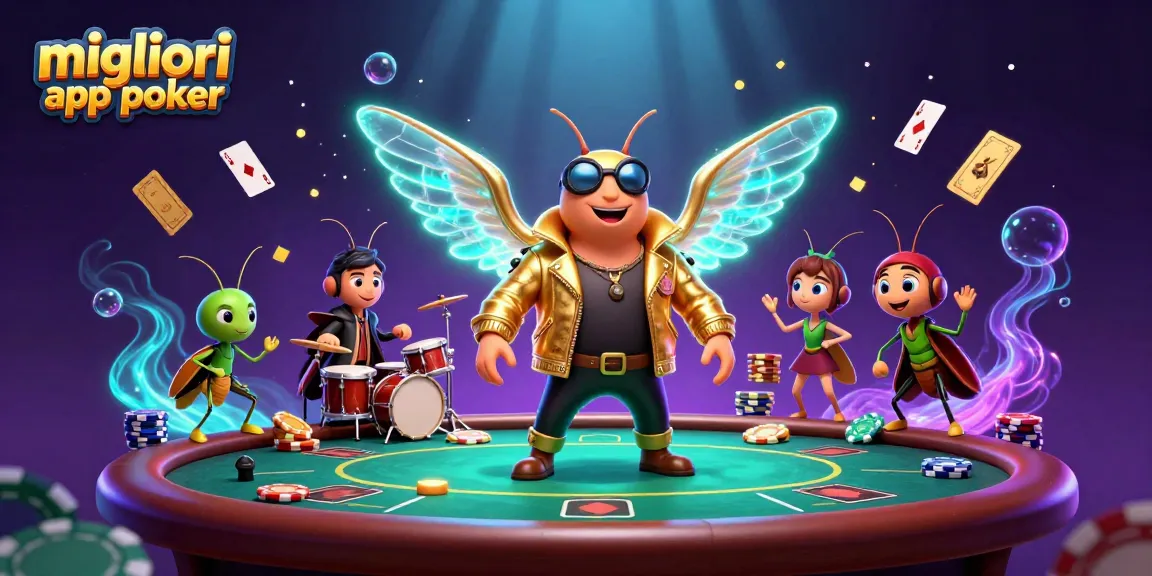 Migliori app poker con il cicada rock star e un tavolo da gioco animato pieni di gettoni e carte volanti.