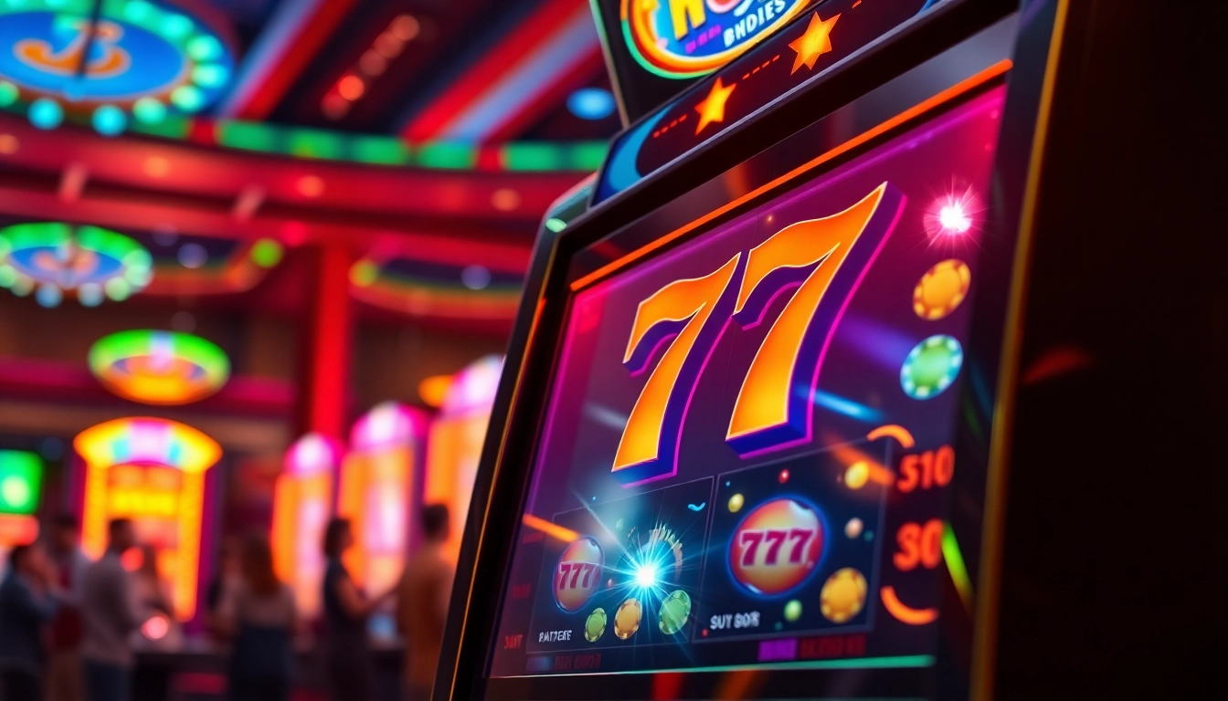 Menangkan slot 777 dengan simbol berkilau dan suasana kasino yang ceria.
