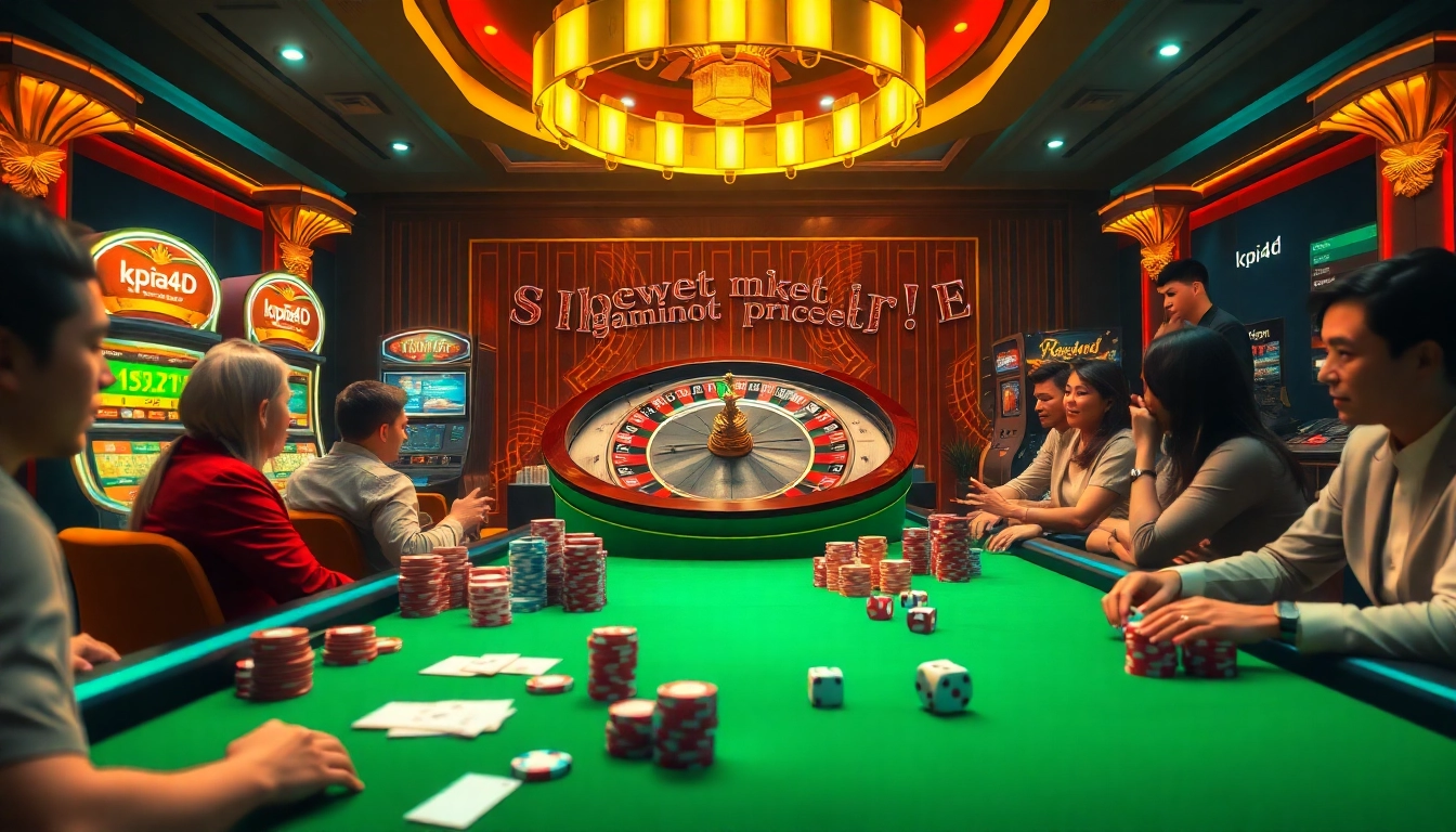 KPI4D players engaging at a luxurious casino with roulette and poker tables, dice, and vibrant slot machines.